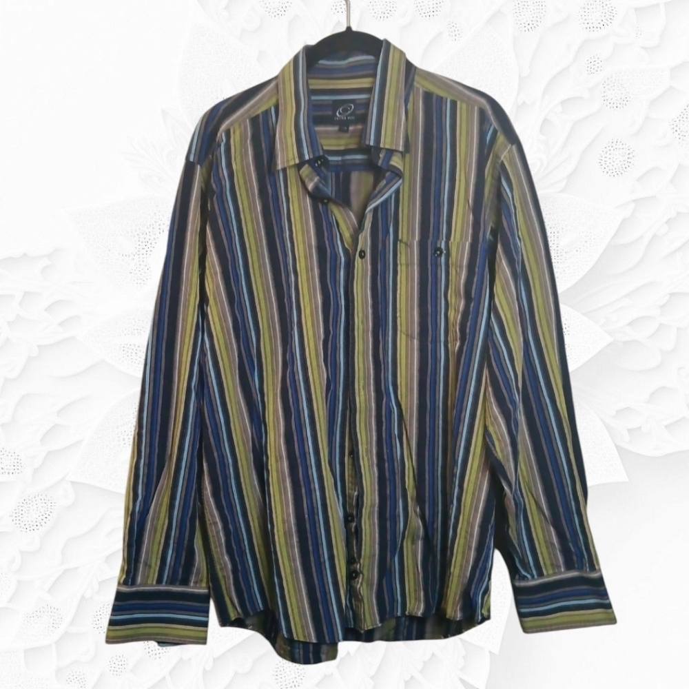 Cotton Reel Blue & Green Striped Collared Button Up Long Sleeve